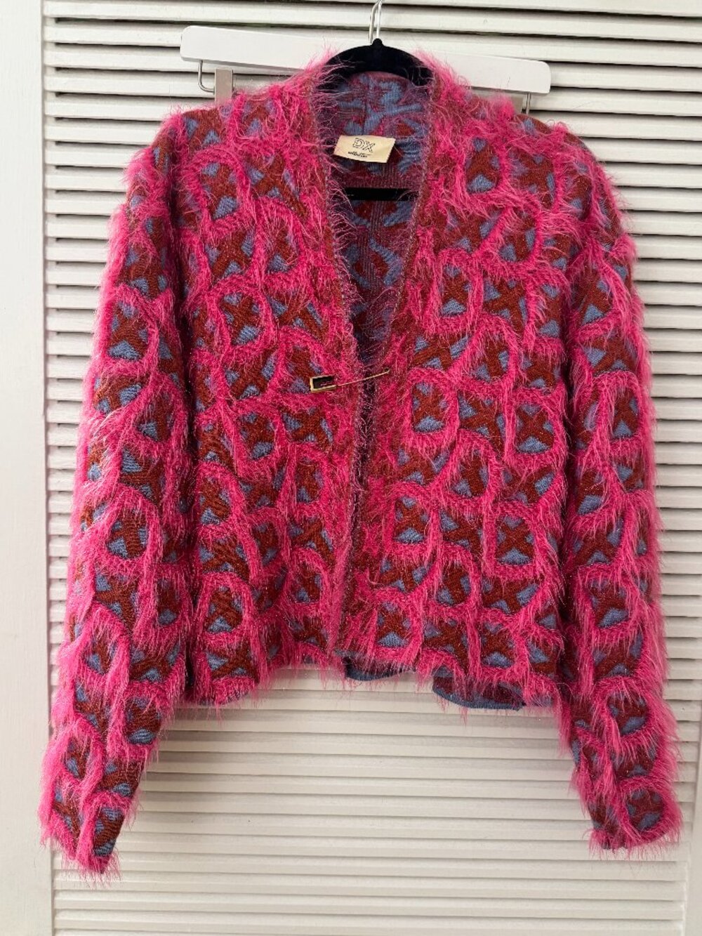 DX Collection Fuzzy Pink Blue Geometric Wool Blend Cardigan